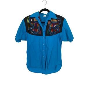 Vintage Embroidered Bird Blouse Womens Large Blue Short Sleeve Button Up Top